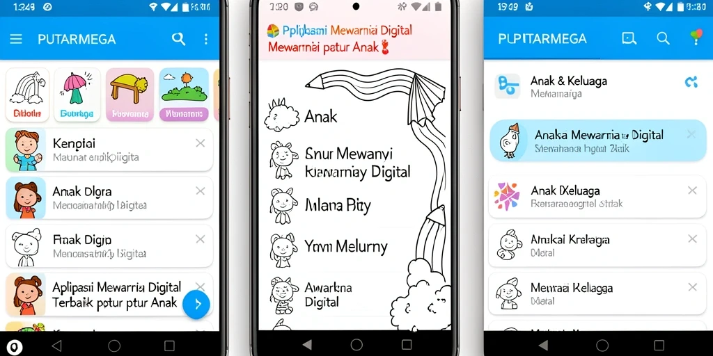 Antarmuka aplikasi PUTARMEGA menampilkan berbagai pilihan gambar untuk mewarnai.
